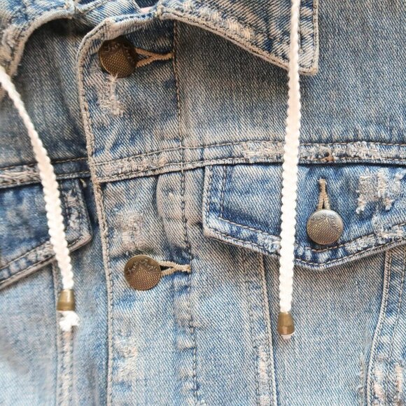 Free People Blue Denim Jean Heather Gray Knit Long Sleeve Hooded Jacket Size XS - Picture 7 of 12